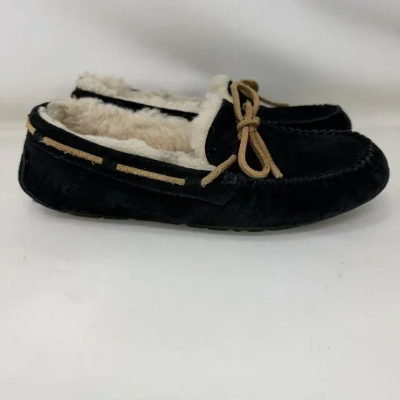 Ugg Dakota Shearling Lined Suede Slippers Moccasins Black Women’s Size 6 - Picture 1 of 6